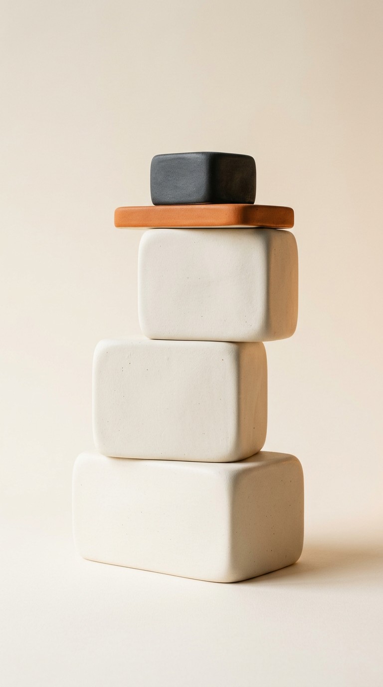 Abstract architectural sculpture referencing the Sunrise Education Academy campus facade — a stack of ivory, sienna, and dark slabs echoing the campus building's banded exterior